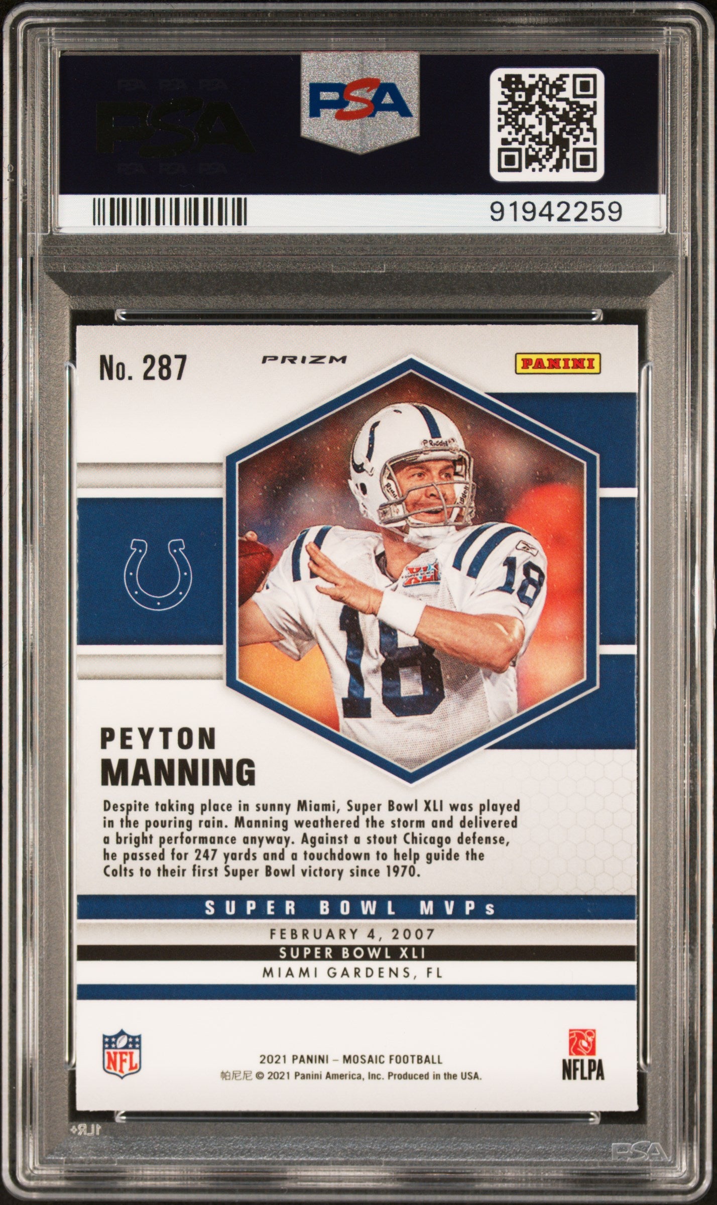 Peyton Manning 2021 Panini Mosaic Reactive Blue Football Card #287 Graded PSA 10-Powers Sports Memorabilia