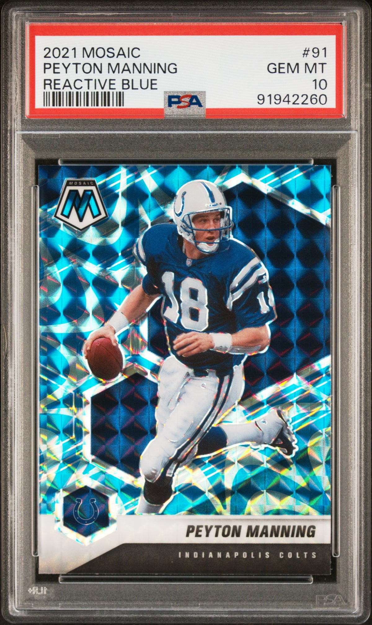 Peyton Manning 2021 Panini Mosaic Reactive Blue Football Card #91 Graded PSA 10-Powers Sports Memorabilia