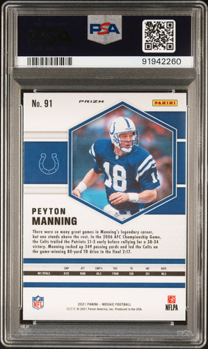 Peyton Manning 2021 Panini Mosaic Reactive Blue Football Card #91 Graded PSA 10-Powers Sports Memorabilia