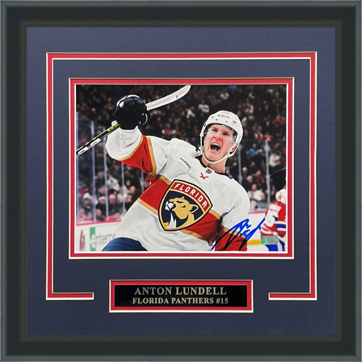 Autographed Anton Lundell Florida Panthers (Celebration) Deluxe Framed 8x10 Photo-Powers Sports Memorabilia