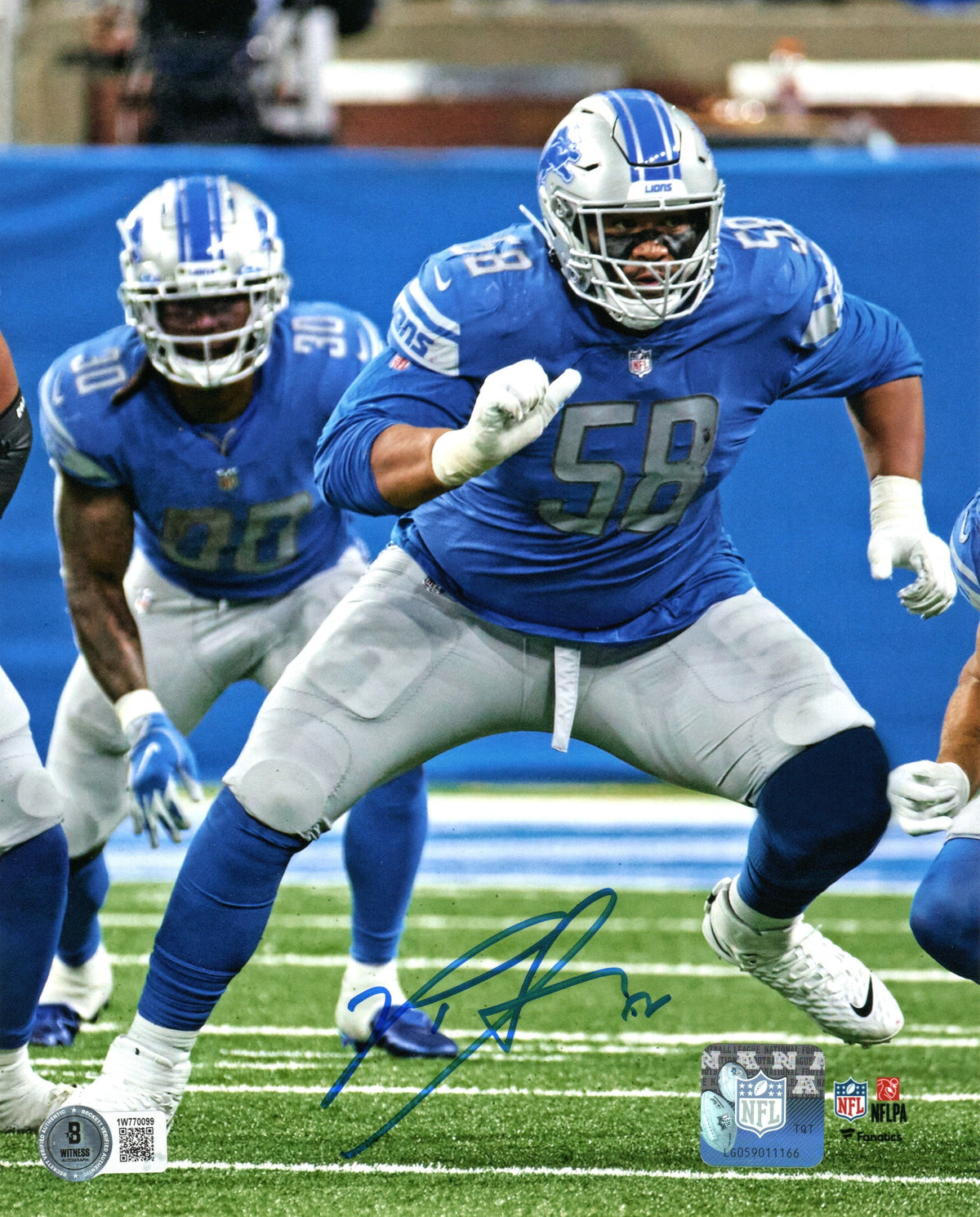 Penei Sewell Signed Detroit Lions Blue Jersey 8x10 Photo - Beckett-Powers Sports Memorabilia