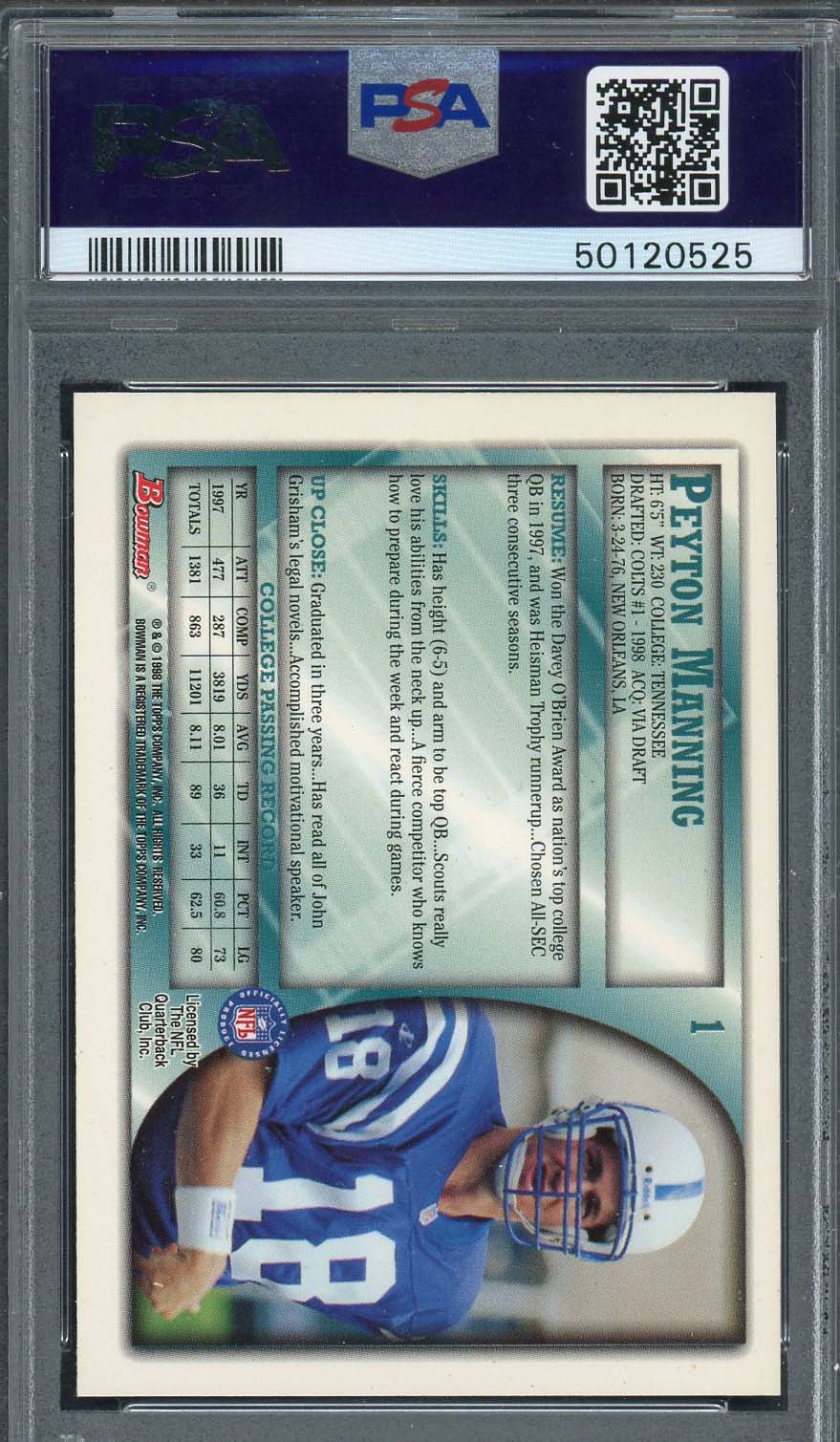 Peyton Manning 1998 Bowman Football Rookie Card #1 Graded PSA 8-Powers Sports Memorabilia