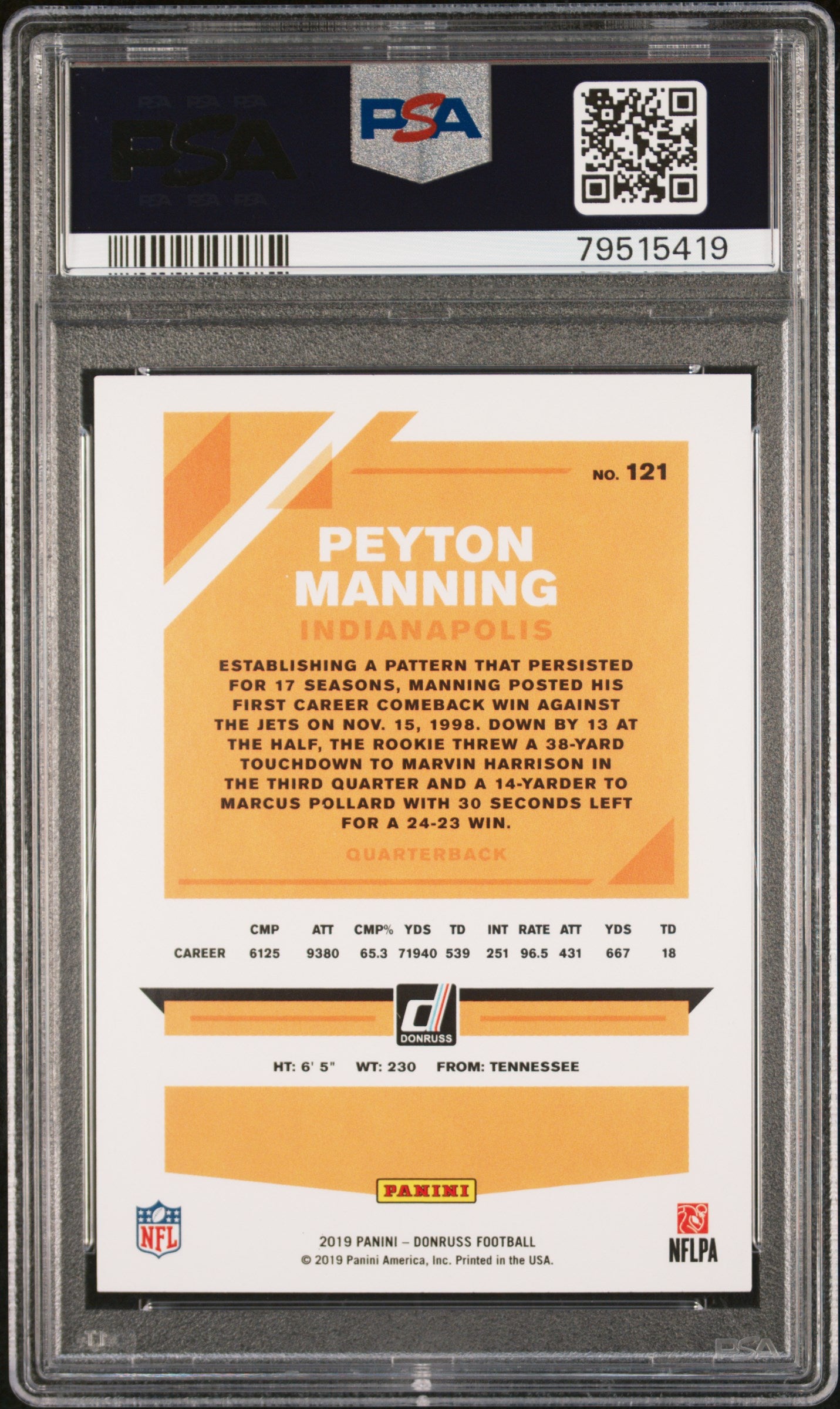 Peyton Manning 2019 Panini Donruss Football Card #121 Graded PSA 10-Powers Sports Memorabilia