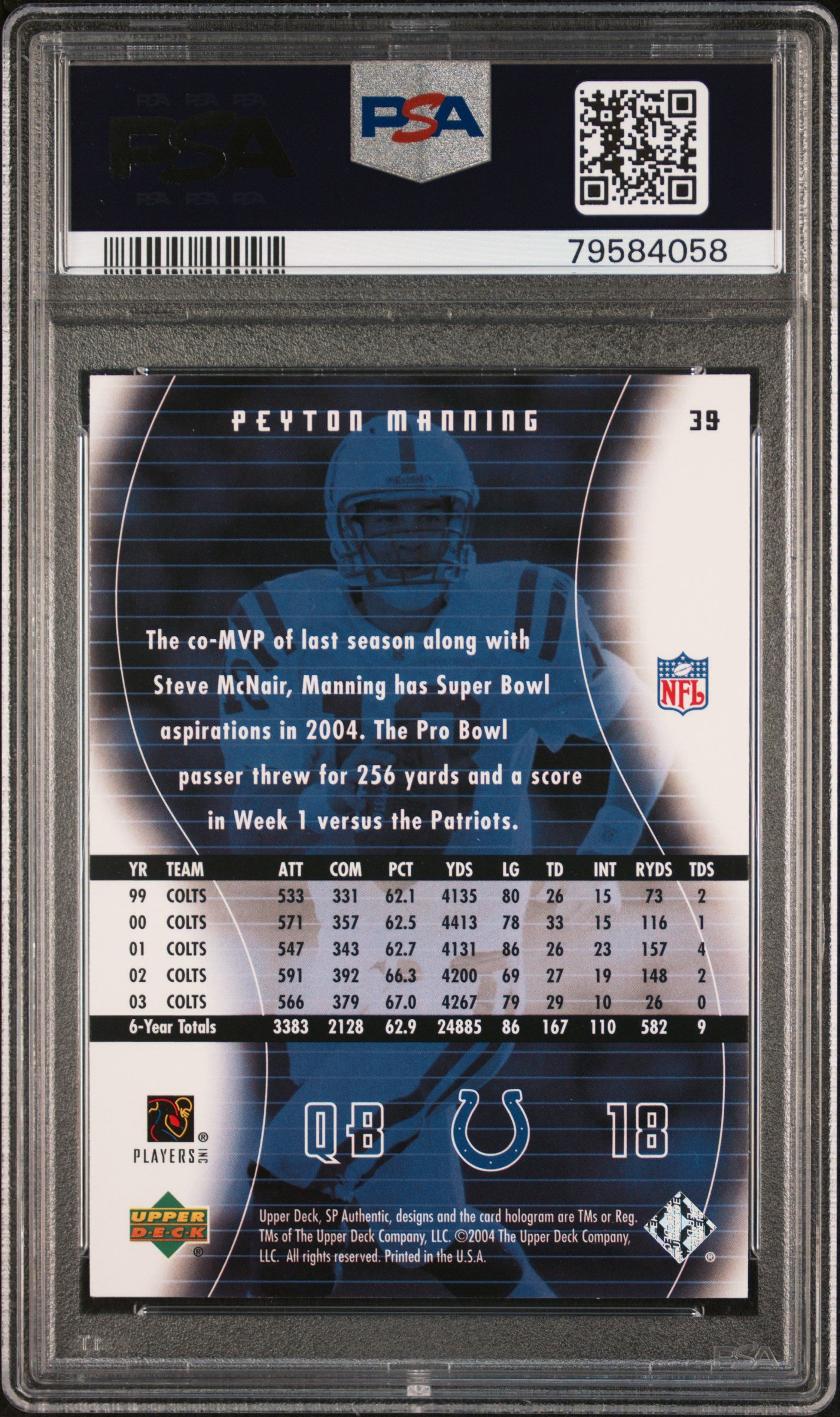 Peyton Manning 2004 Upper SP Authentic Football Card #39 Graded PSA 10-Powers Sports Memorabilia