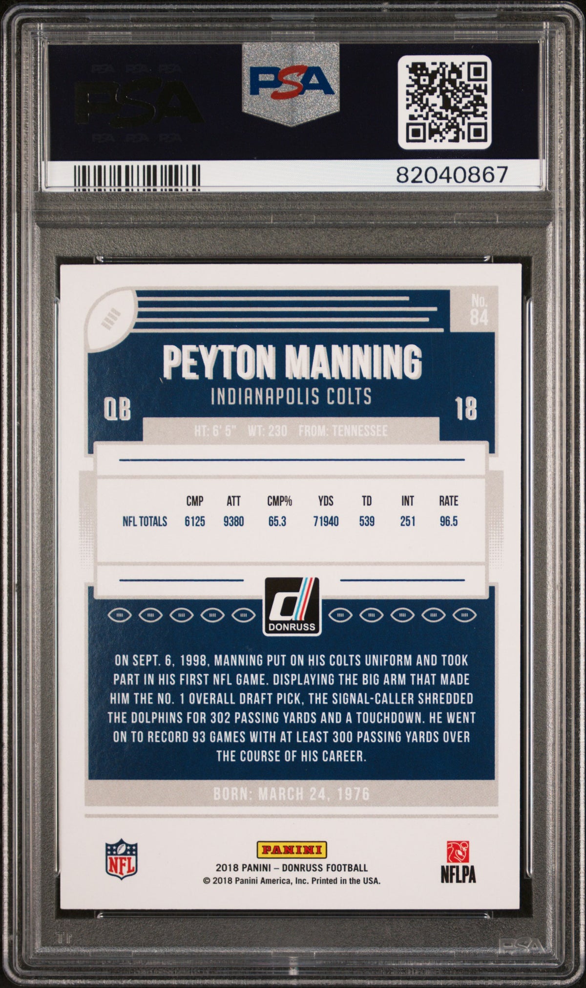 Peyton Manning 2018 Panini Donruss Football Card #84 Graded PSA 10-Powers Sports Memorabilia