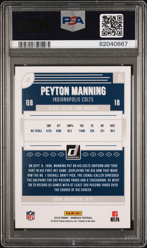 Peyton Manning 2018 Panini Donruss Football Card #84 Graded PSA 10-Powers Sports Memorabilia