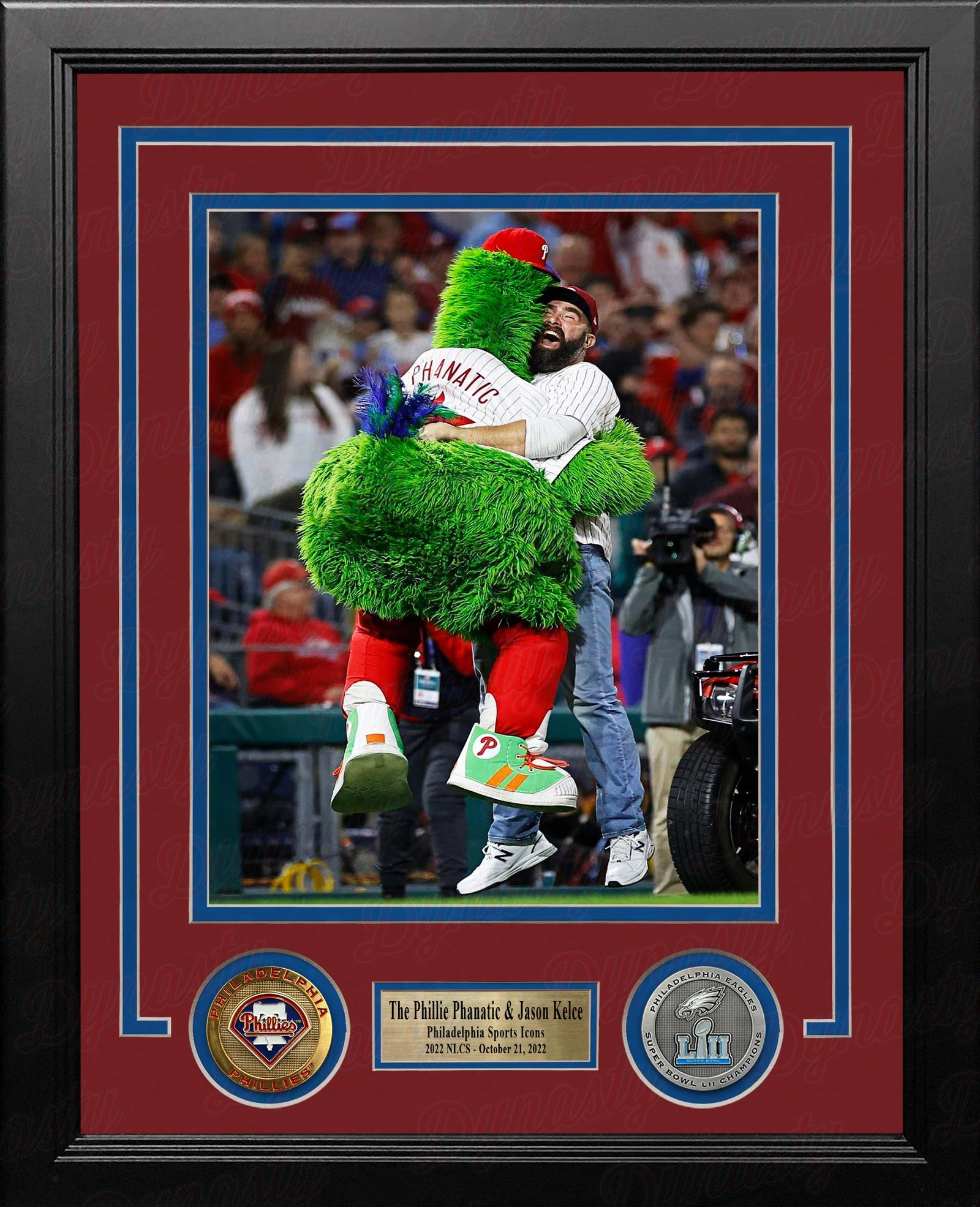 The Phillie Phanatic & Jason Kelce Rally the Phillies Framed NLCS Baseball Photo-Powers Sports Memorabilia