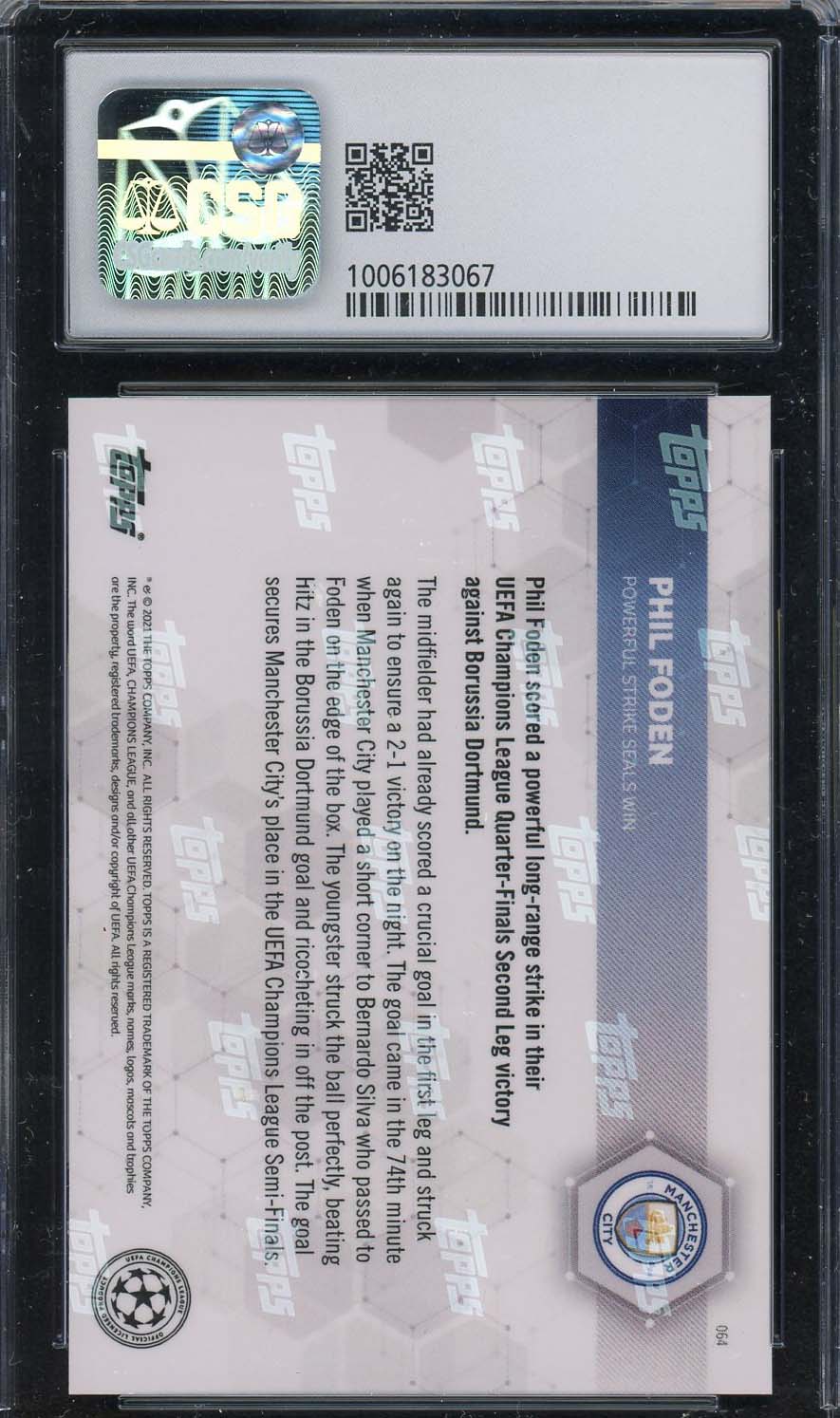 Phil Foden 2021 Topps Now UEFA Champions League Soccer Card #64 Graded CSG 8.5-Powers Sports Memorabilia