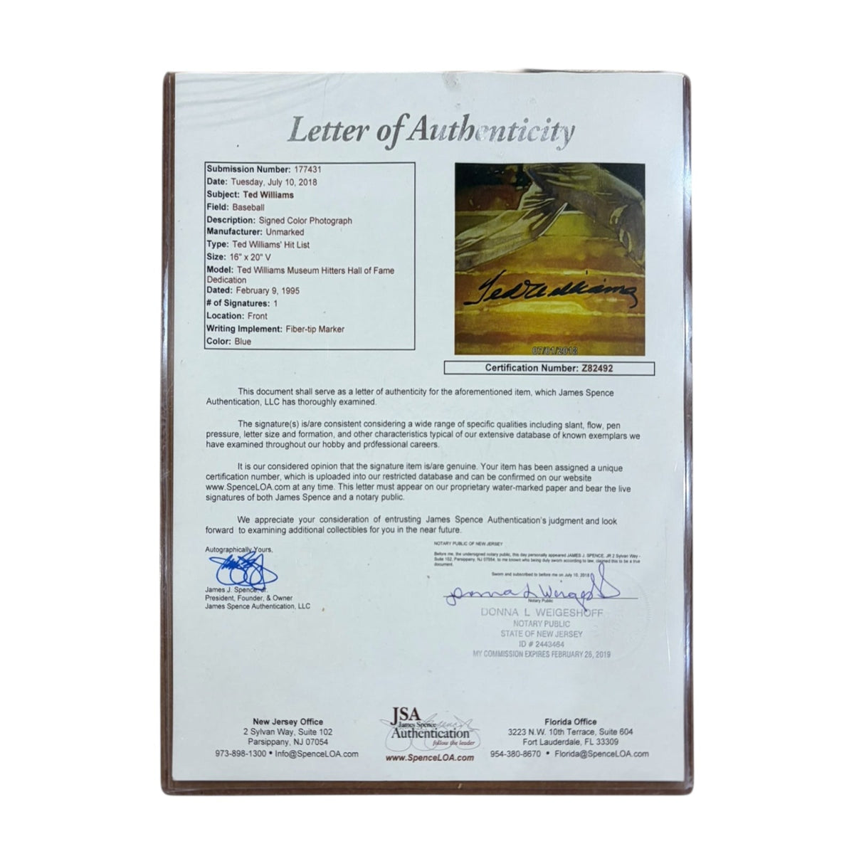 Autographed Ted Williams Boston Red Sox Deluxe Framed 16x20 Hit List Poster - Green Diamond, JSA-Powers Sports Memorabilia