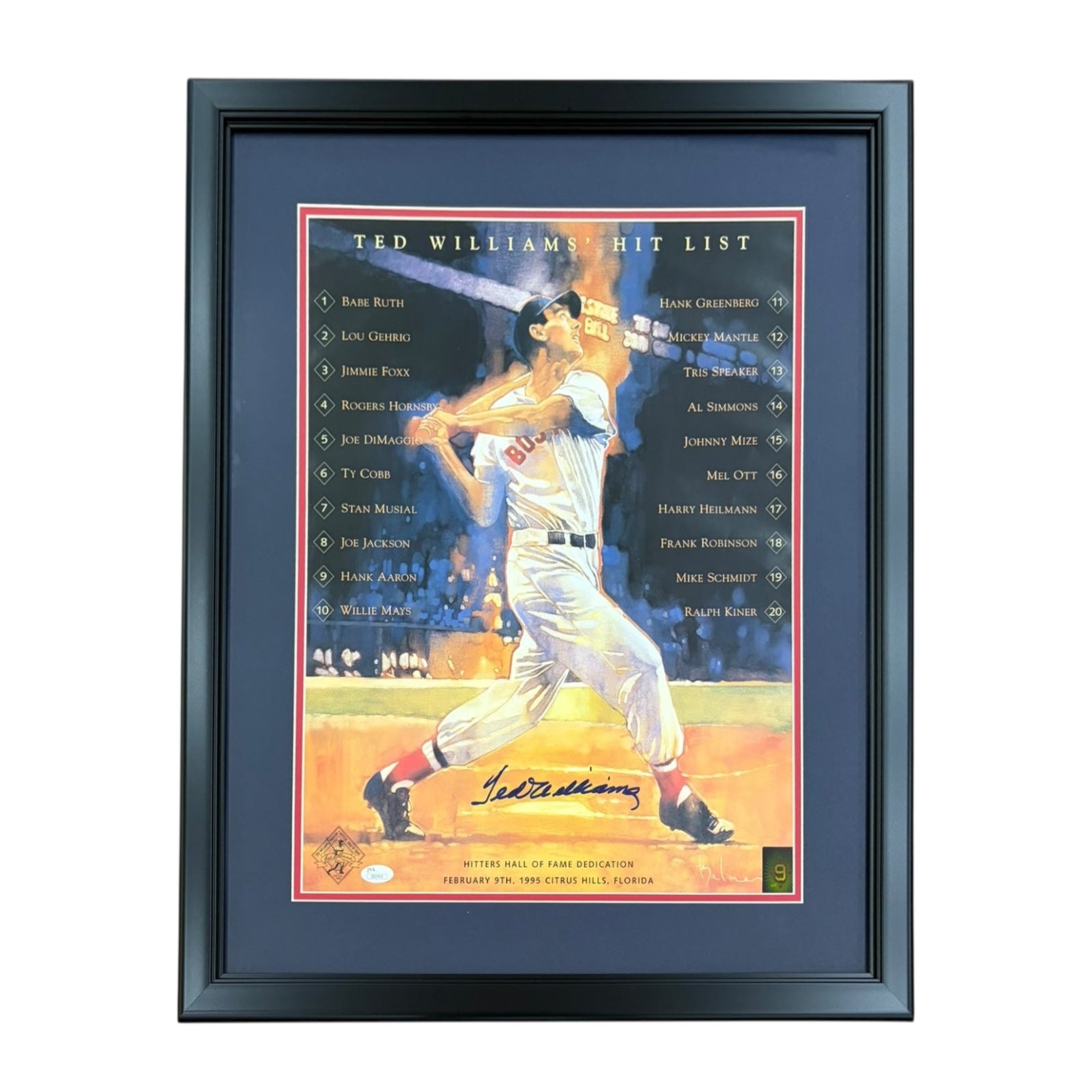 Autographed Ted Williams Boston Red Sox Deluxe Framed 16x20 Hit List Poster - Green Diamond, JSA