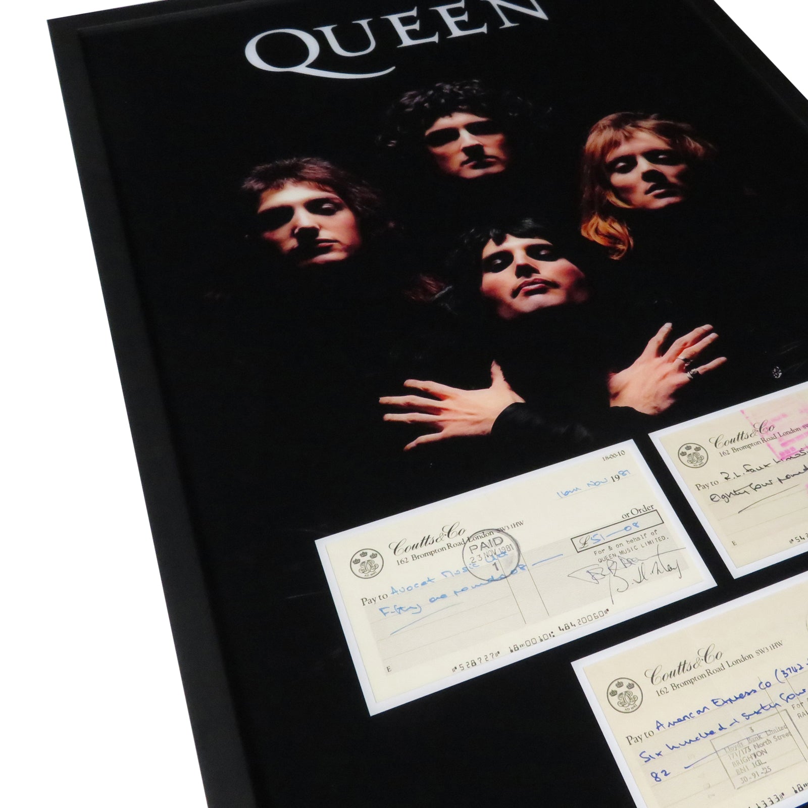Autographed Queen Band Checks Music Display 20 by 30 Framed Piece - JSA, BAS-Powers Sports Memorabilia