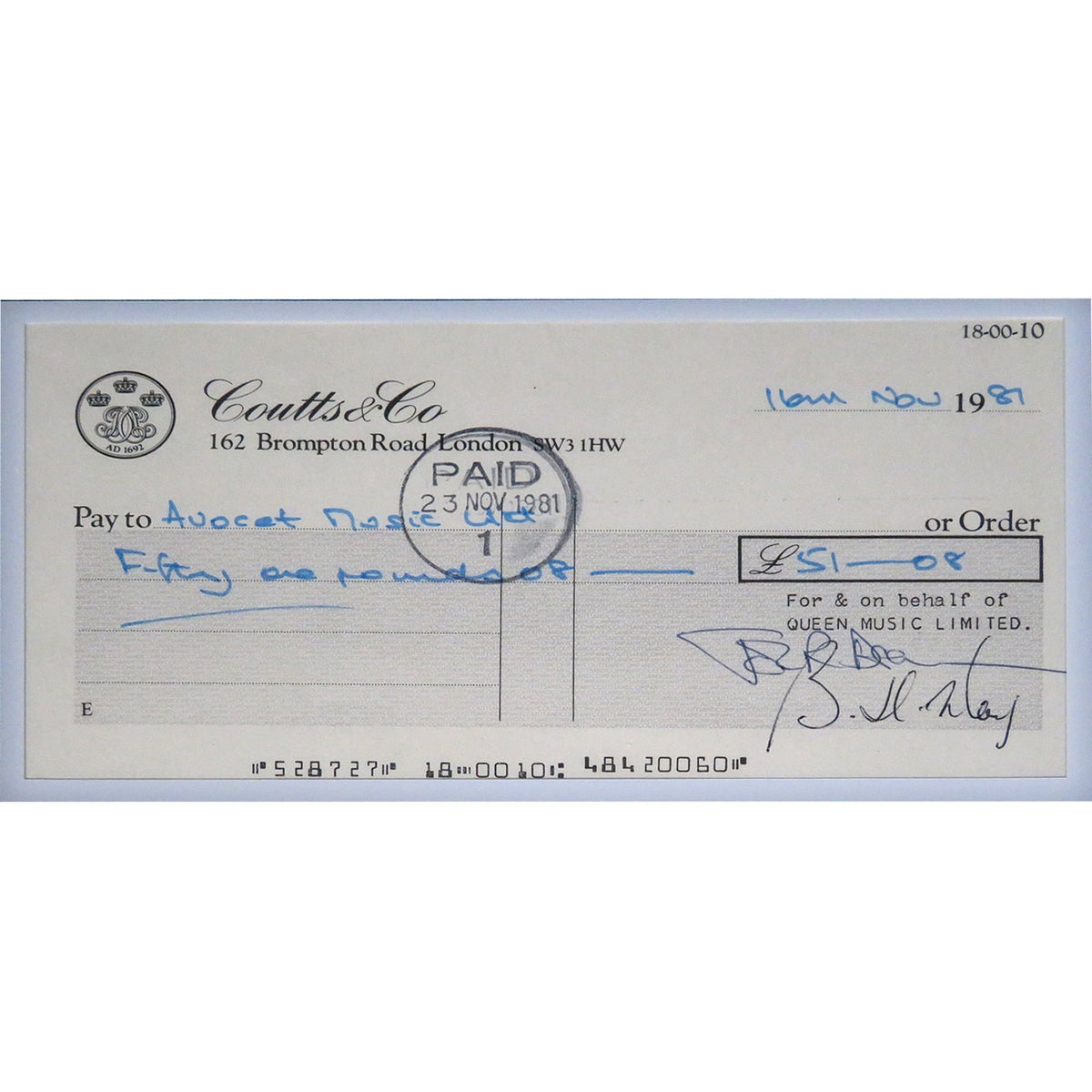 Autographed Queen Band Checks Music Display 20 by 30 Framed Piece - JSA, BAS-Powers Sports Memorabilia