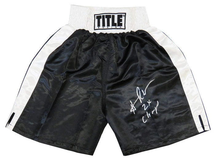 Hasim Rahman Autographed Title Black With White Waist Boxing Trunks-Powers Sports Memorabilia