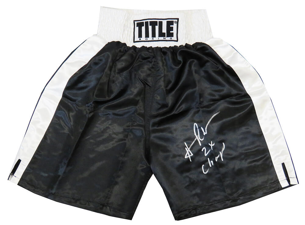 Hasim Rahman Autographed Title Black With White Waist Boxing Trunks-Powers Sports Memorabilia