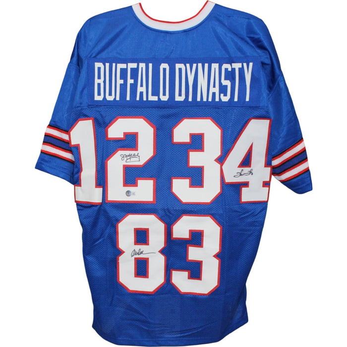 Jim Kelly Thurman Thomas Andre Reed Signed Pro Style XL Blue Jersey BAS W-Powers Sports Memorabilia