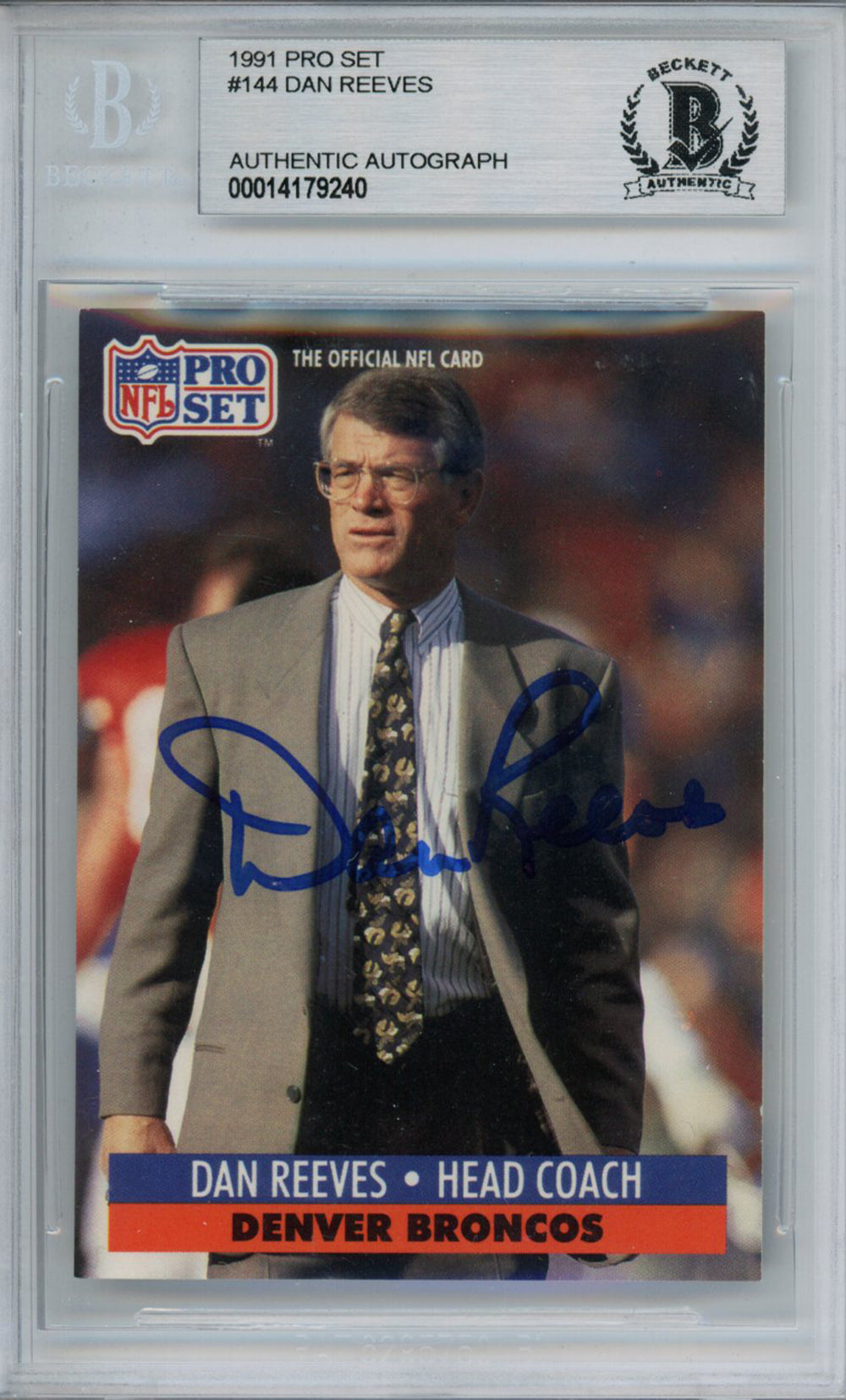 Dan Reeves Denver Broncos Signed Card - 1991 Pro Set #144 Beckett Slab Beckett-Powers Sports Memorabilia