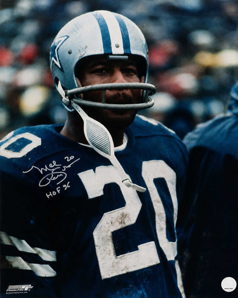 Mel Renfro Autographed Dallas Cowboys Blue Jersey Close Up 16x20 Photo with HOF'96-Powers Sports Memorabilia