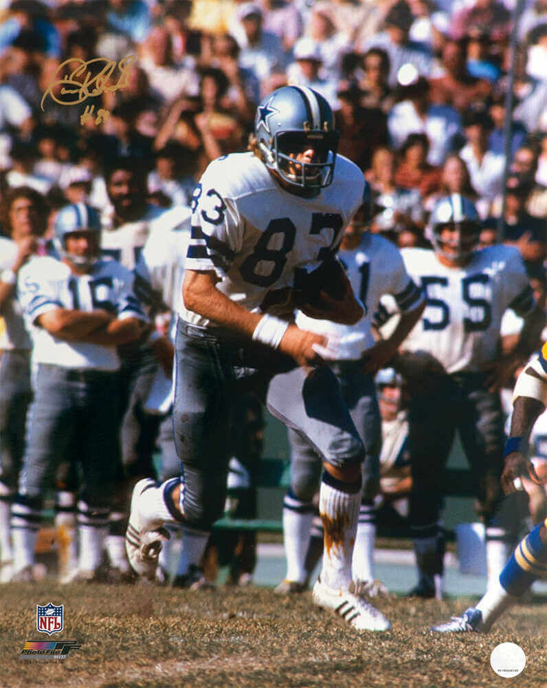 Golden Richards Autographed Dallas Cowboys White Jersey Running With Football 16x20 Photo (In Gold)-Powers Sports Memorabilia