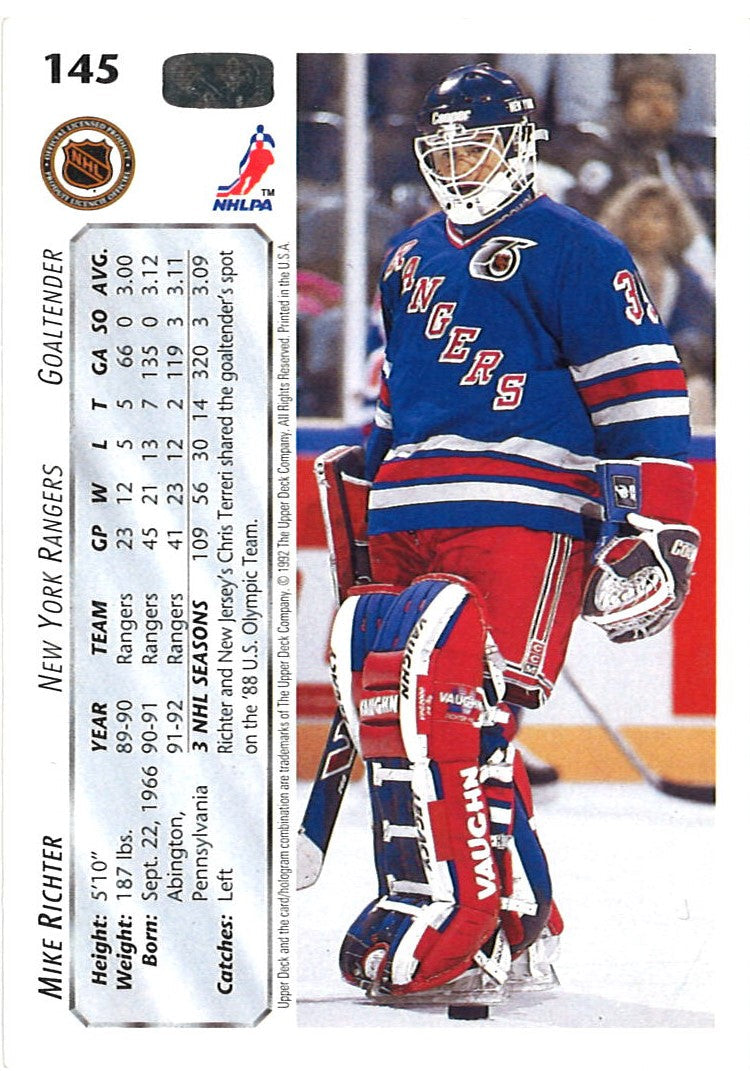 Mike Richter New York Rangers Signed 1992-1993 Upper Deck (#145) Hockey Card-Powers Sports Memorabilia