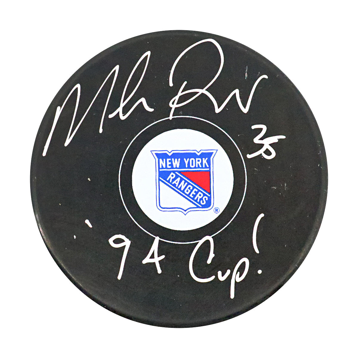 Mike Richter New York Rangers Signed Inscribed '94 Cup' Replica Rangers Puck-Powers Sports Memorabilia