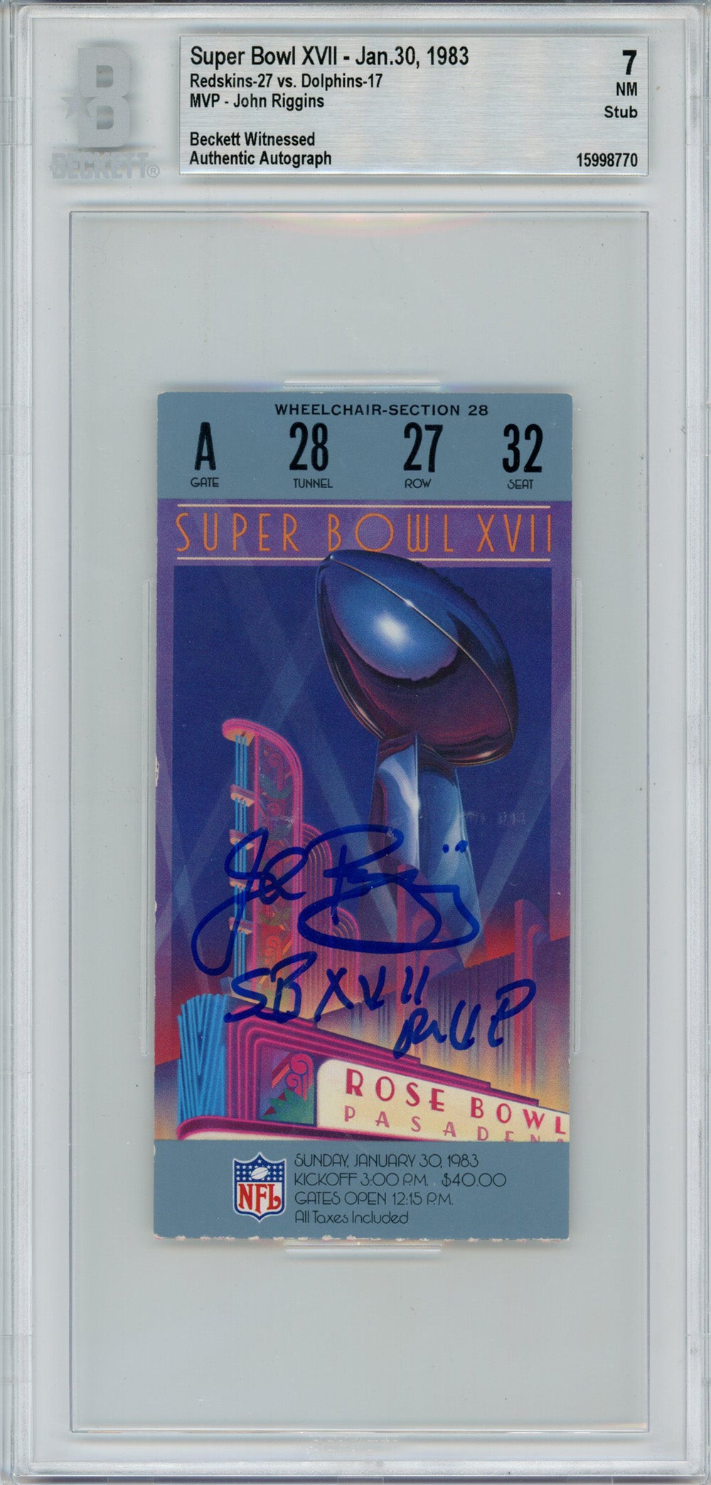 John Riggins Washington Redskins Signed Card - Super Bowl XVII Ticket Stub SB MVP Grade 7 Beckett-Powers Sports Memorabilia