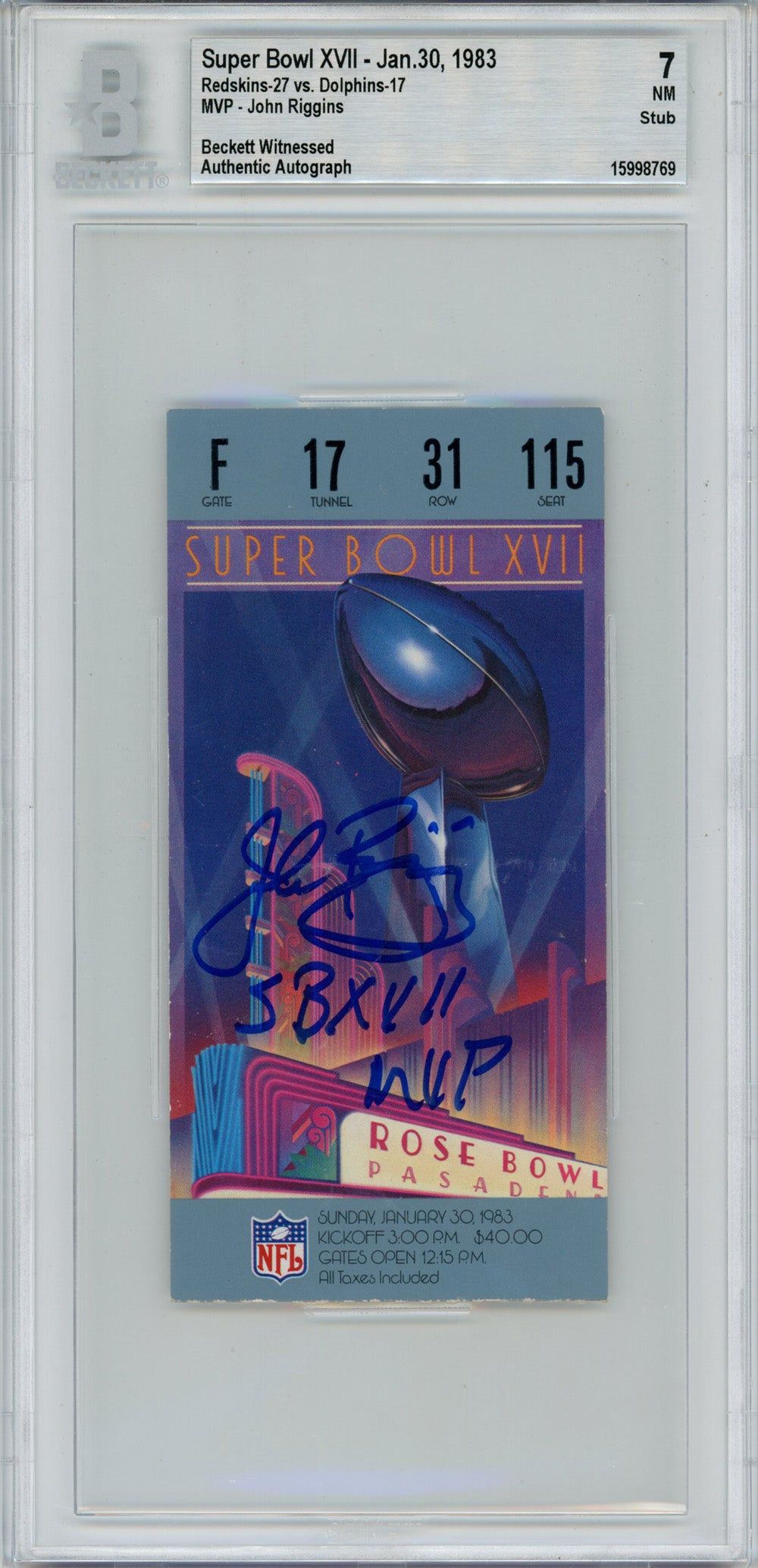 John Riggins Washington Redskins Signed Card - Super Bowl XVII Ticket Stub SB MVP Grade 7 Beckett - 42973-Powers Sports Memorabilia