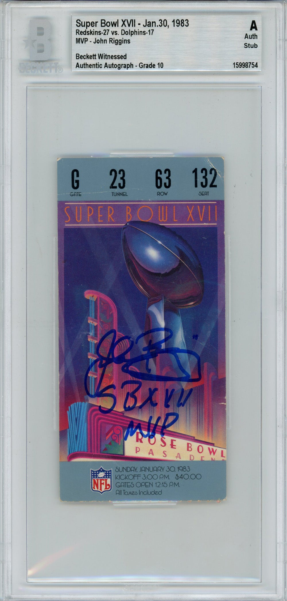 Larry Brown Washington Redskins Signed Card - Super Bowl XXX Ticket Stub SB MVP BAS Slab Beckett-Powers Sports Memorabilia