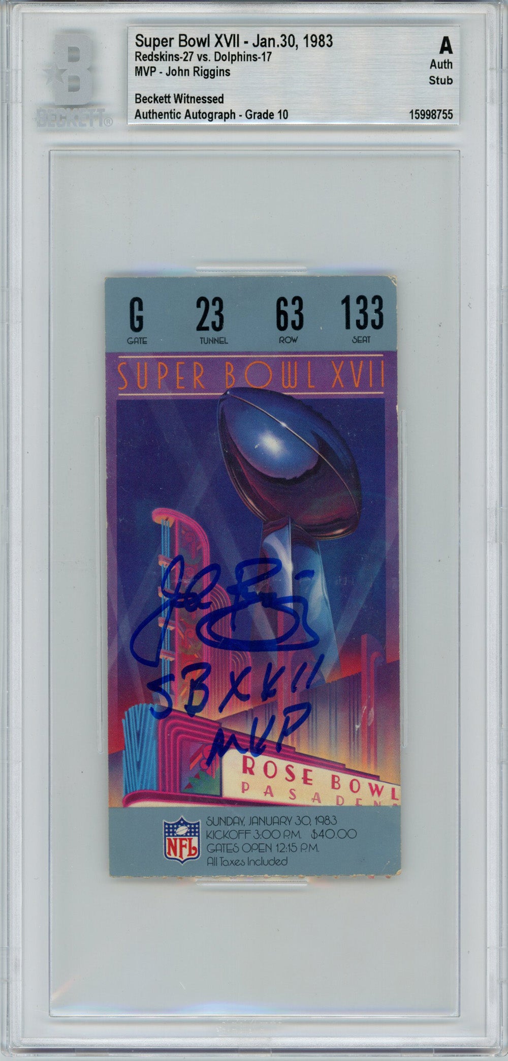 John Riggins Washington Redskins Signed Card - Super Bowl XVII Ticket Stub SB MVP BAS Slab Beckett-Powers Sports Memorabilia