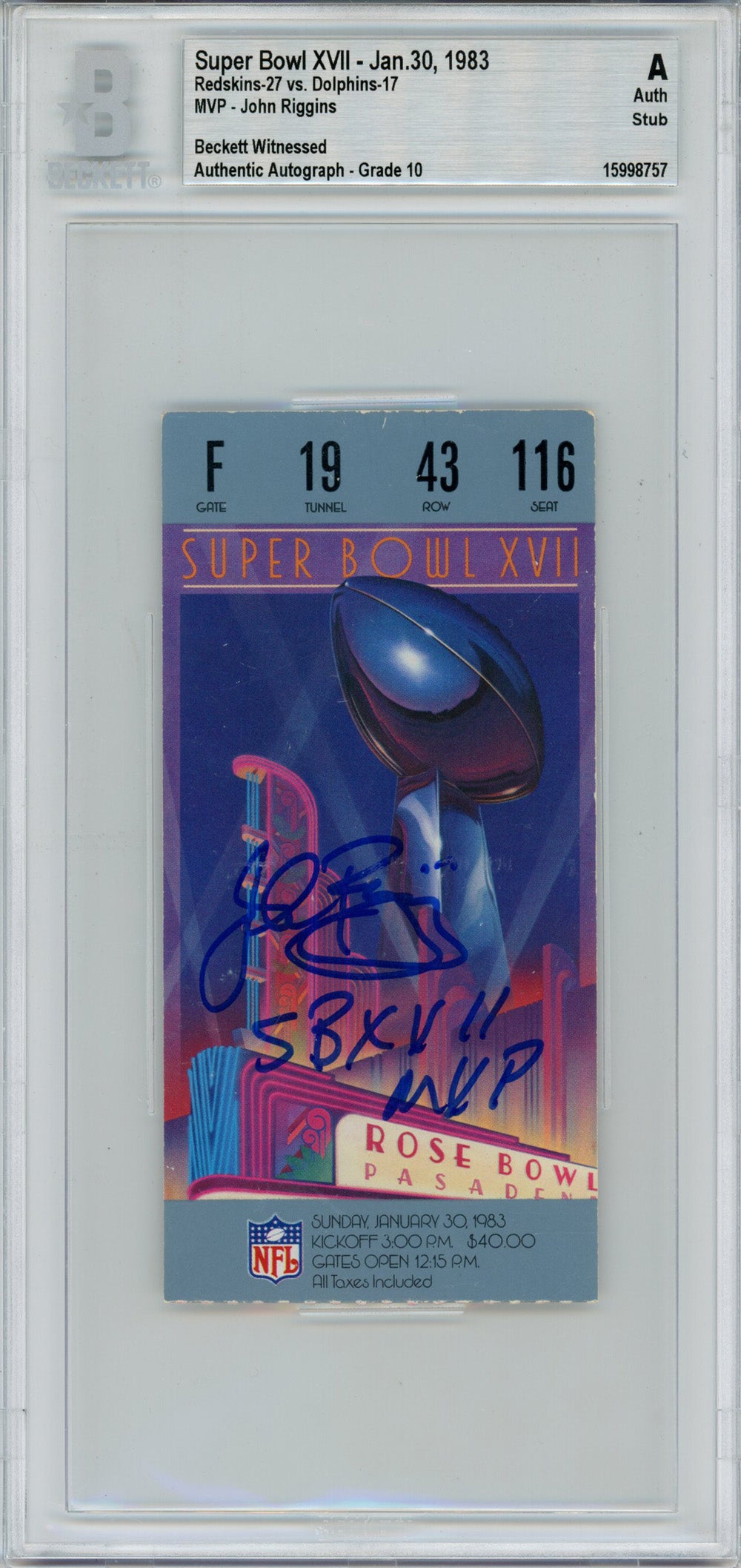 John Riggins Washington Redskins Signed Card - Super Bowl XVII Ticket Stub SB MVP BAS Slab Beckett - 42982-Powers Sports Memorabilia