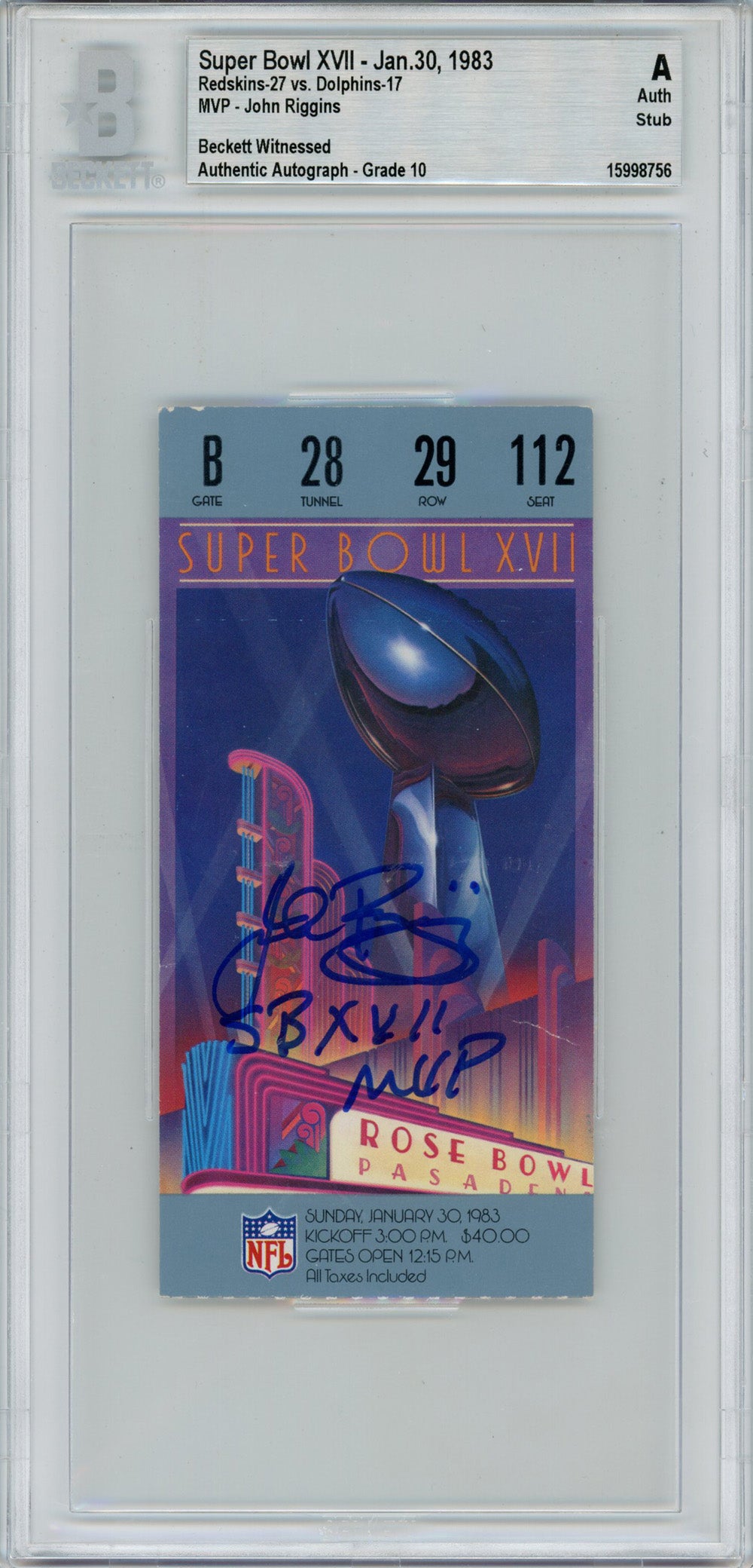 John Riggins Washington Redskins Signed Card - Super Bowl XVII Ticket Stub SB MVP BAS Slab Beckett - 42984-Powers Sports Memorabilia
