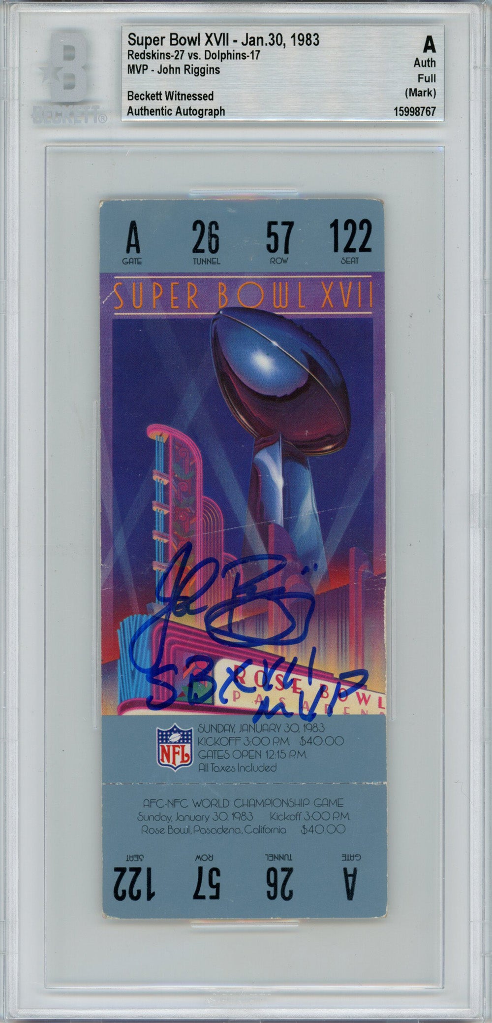 John Riggins Washington Redskins Signed Card - Super Bowl XVII Full Ticket SB MVP BAS Slab Beckett-Powers Sports Memorabilia