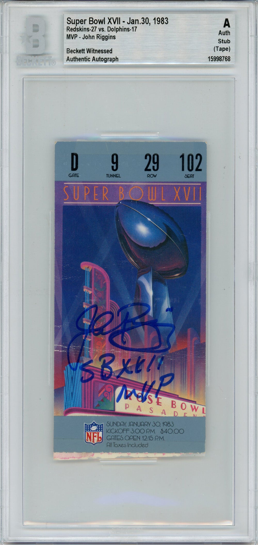 John Riggins Washington Redskins Signed Card - Super Bowl XVII Ticket Stub SB MVP BAS Slab Beckett - 42988-Powers Sports Memorabilia