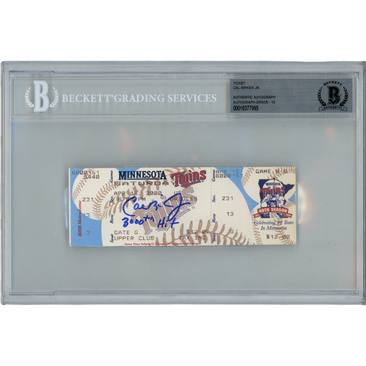 Cal Ripken Baltimore Orioles Signed Card - 3000 Hit Ticket Slab Beckett Beckett-Powers Sports Memorabilia