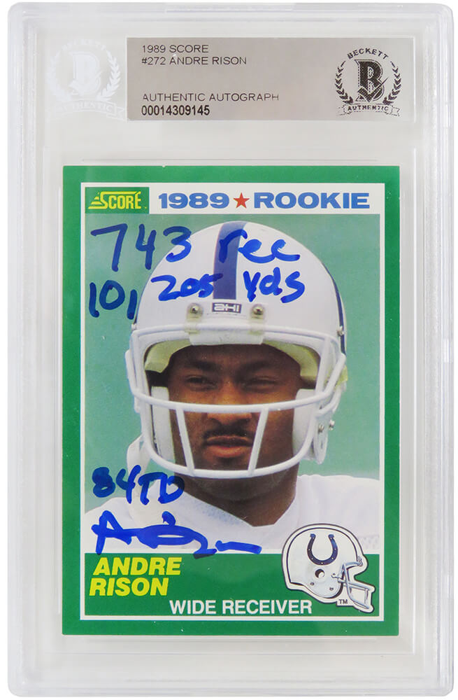 Andre Rison Autographed Indianapolis Colts 1989 Score Rookie Card #272 with 743 Rec, 10205 Yds, 84 TDs-Powers Sports Memorabilia