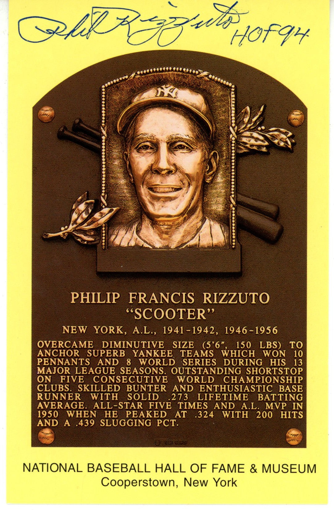 Phil Rizzuto New York Yankees Signed Mini Helmet - HOF Postcard HOF Beckett Beckett-Powers Sports Memorabilia
