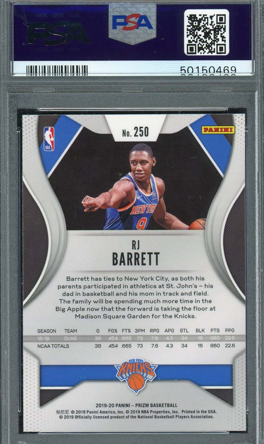 RJ Barrett 2019 Panini Prizm Basketball Rookie Card RC #250 Graded PSA 9-Powers Sports Memorabilia