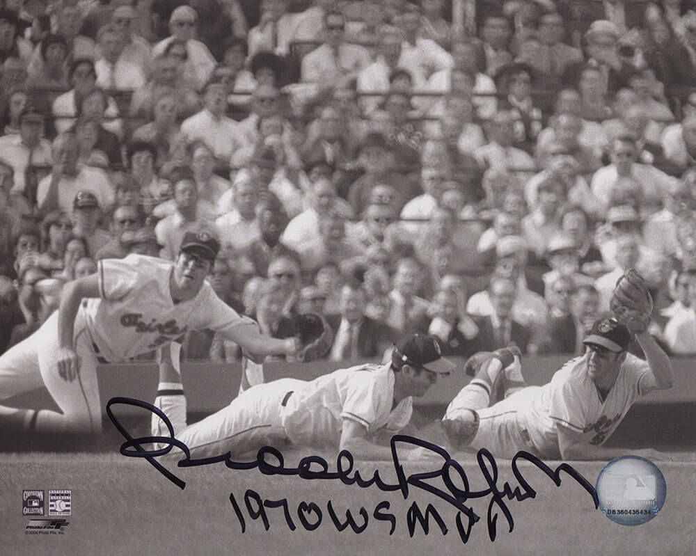 Brooks Robinson Autographed Baltimore Orioles B&W Multi Image Diving 8x10 Photo with 1970 WS MVP-Powers Sports Memorabilia