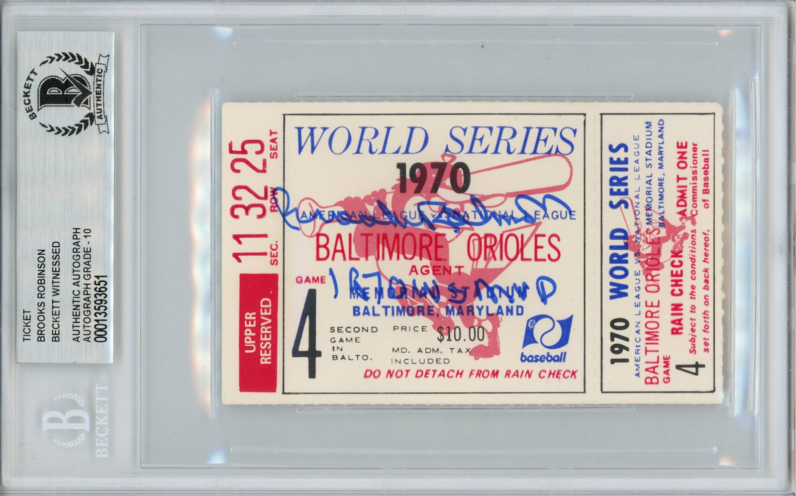 Brooks Robinson Baltimore Orioles Signed Card - 1970 World Series Game 4 Ticket Stub MVP BAS Slab Beckett-Powers Sports Memorabilia