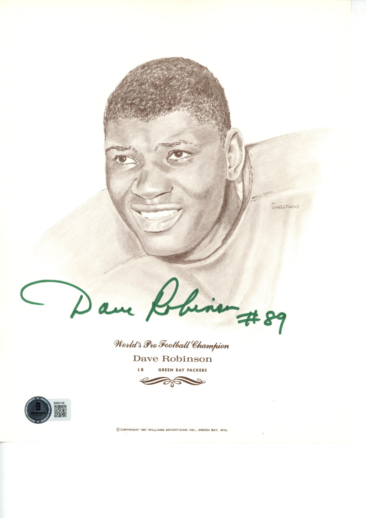 Dave Robinson Green Bay Packers Signed 8x10 Photo - Beckett Beckett-Powers Sports Memorabilia