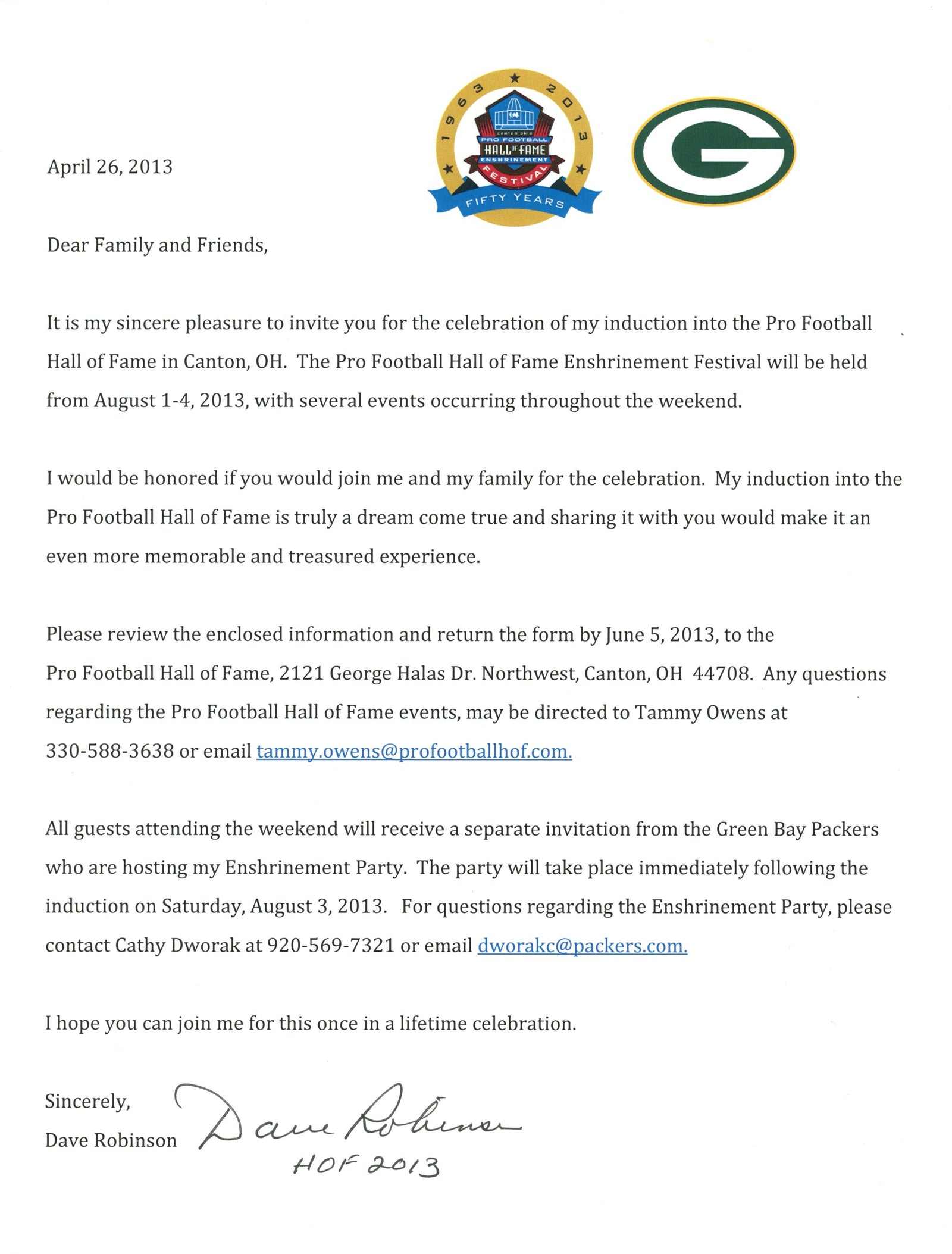 Dave Robinson Signed Green Bay Packers Invite Letter Hall of Fame 57860-Powers Sports Memorabilia