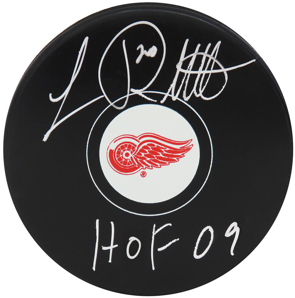 Luc Robitaille Detroit Red Wings Autographed Logo Hockey Puck w/ HOF 09-Powers Sports Memorabilia