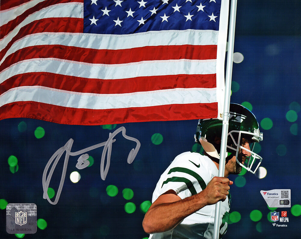 Aaron Rodgers New York Jets Autographed Running With American Flag 8x10-Powers Sports Memorabilia
