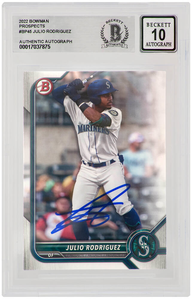 Julio Rodriguez Autographed Seattle Mariners 2022 Bowman Prospects Baseball Card #BP45 (Beckett Autographed Grade 10)-Powers Sports Memorabilia