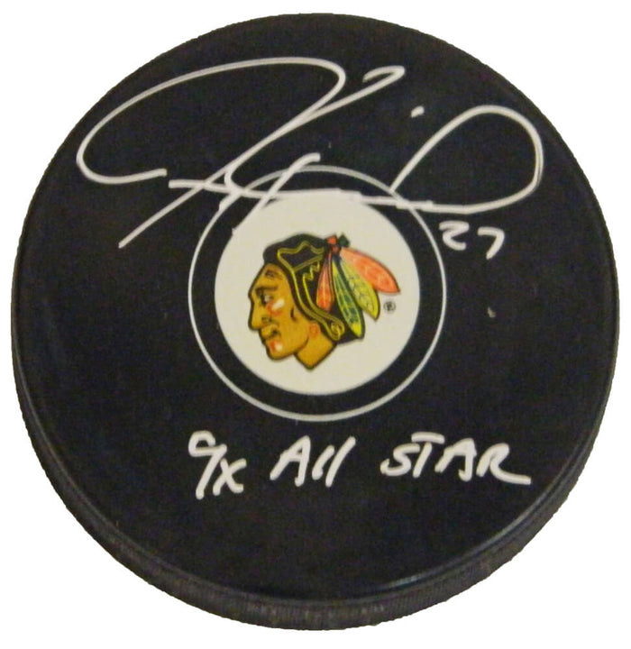 Jeremy Roenick Autographed Blackhawks Logo Hockey Puck with 9x All Star-Powers Sports Memorabilia