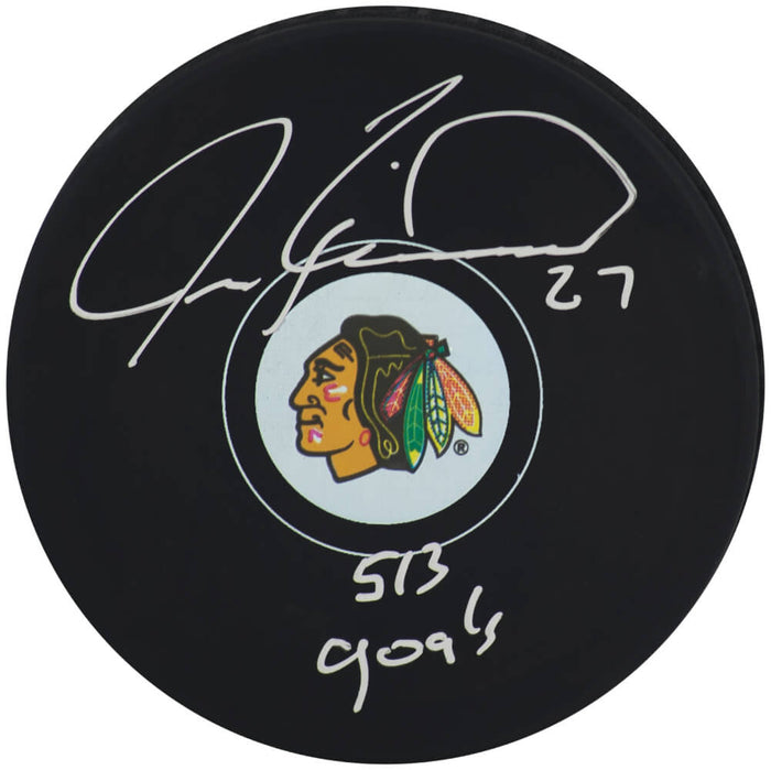 Jeremy Roenick Autographed Chicago Blackhawks Logo Hockey Puck with 513 Goals-Powers Sports Memorabilia