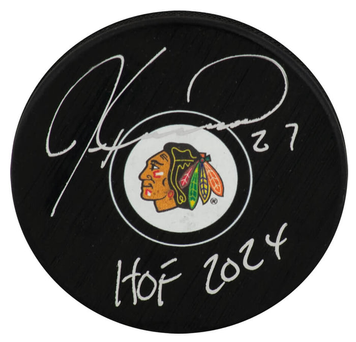 Jeremy Roenick Autographed Chicago Blackhawks Logo Hockey Puck with HOF 2024-Powers Sports Memorabilia
