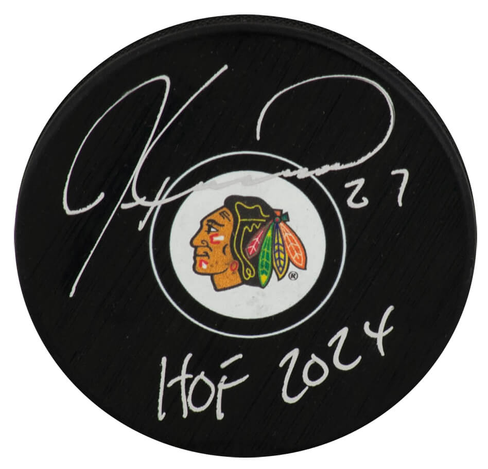 Jeremy Roenick Autographed Chicago Blackhawks Logo Hockey Puck with HOF 2024-Powers Sports Memorabilia