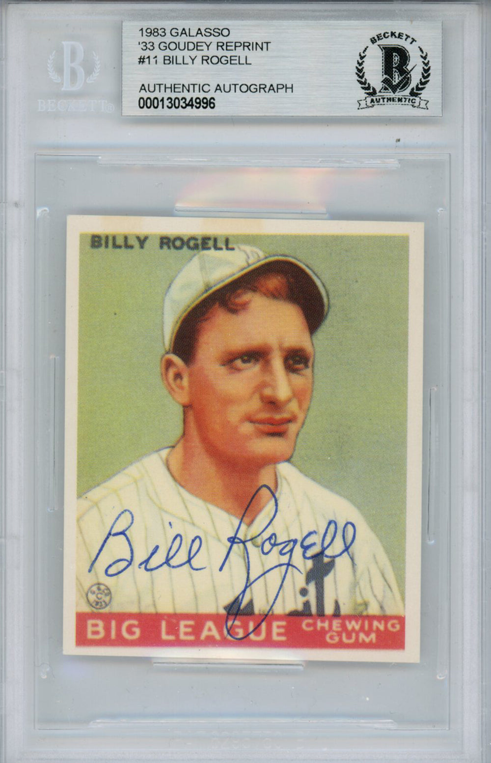 Billy Rogell Detroit Tigers Signed Card - 1983 Galasso '33 Goudey Reprint #11 Beckett Slab Beckett-Powers Sports Memorabilia