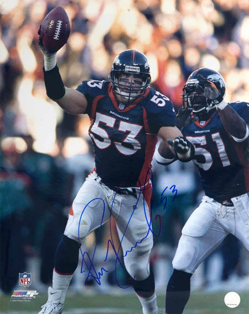 Bill Romanowski Autographed Denver Broncos Holding Football 16x20 Photo-Powers Sports Memorabilia