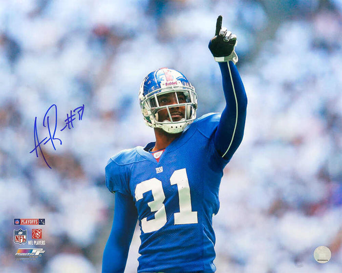 Aaron Ross Autographed New York Giants Blue Jersey Pointing 16x20 Photo-Powers Sports Memorabilia